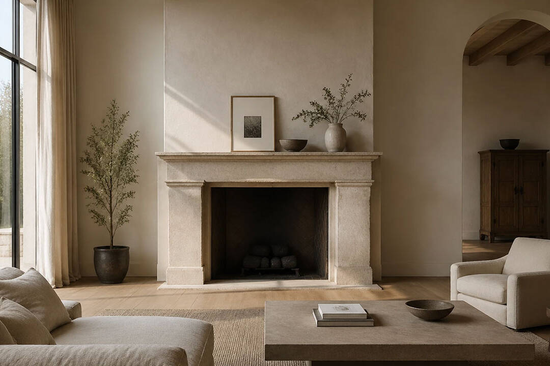 Merging Eras: Integrating an Antique Stone Mantel into Modern and Minimalist Interiors