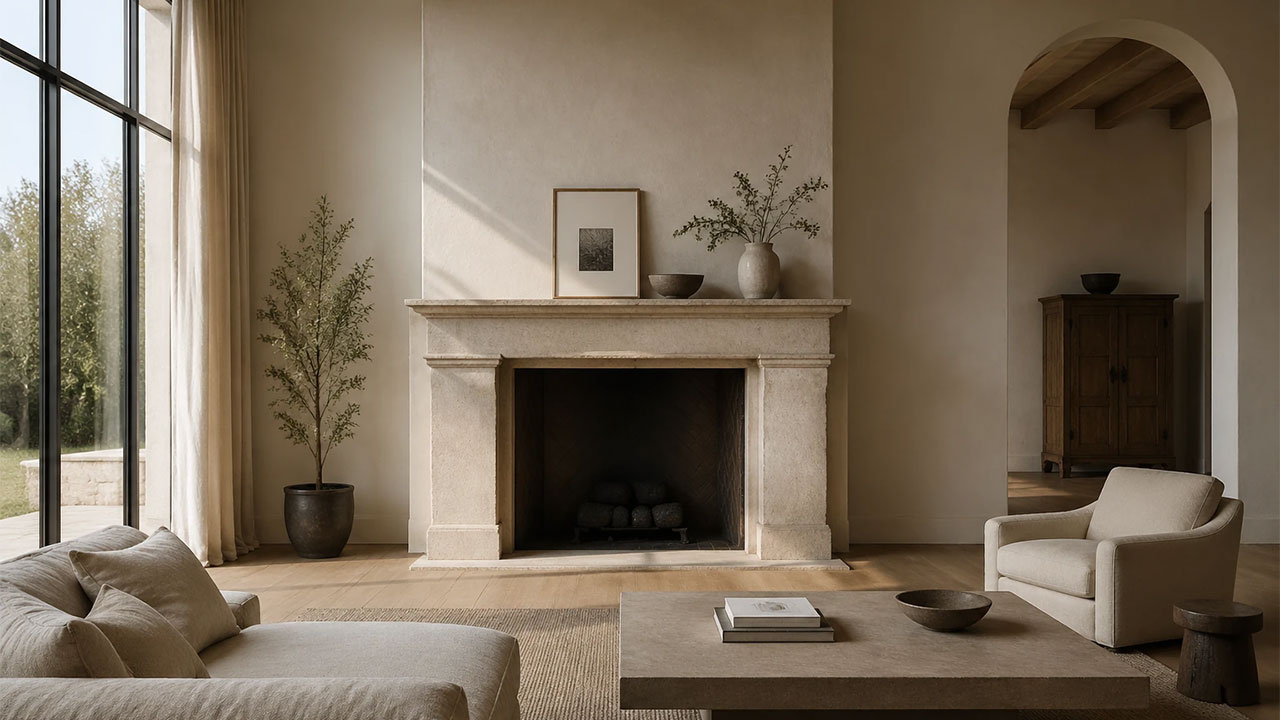 Merging Eras: Integrating an Antique Stone Mantel into Modern and Minimalist Interiors